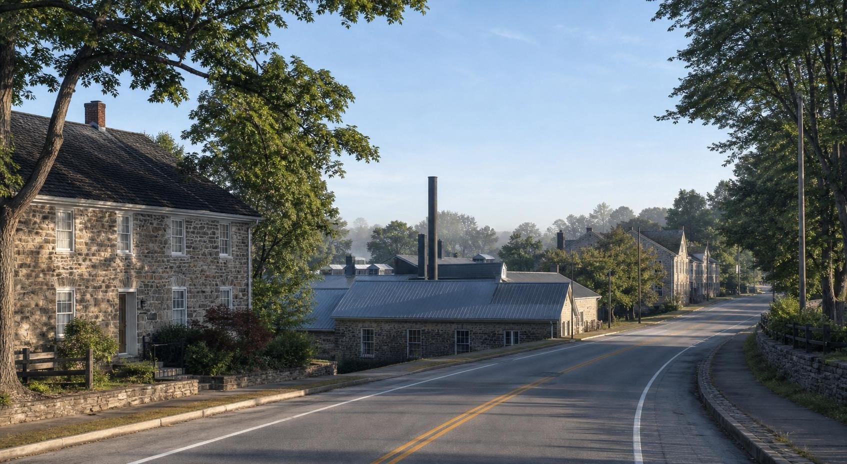 A quiet curving road passes stone houses and trees in a small town setting.